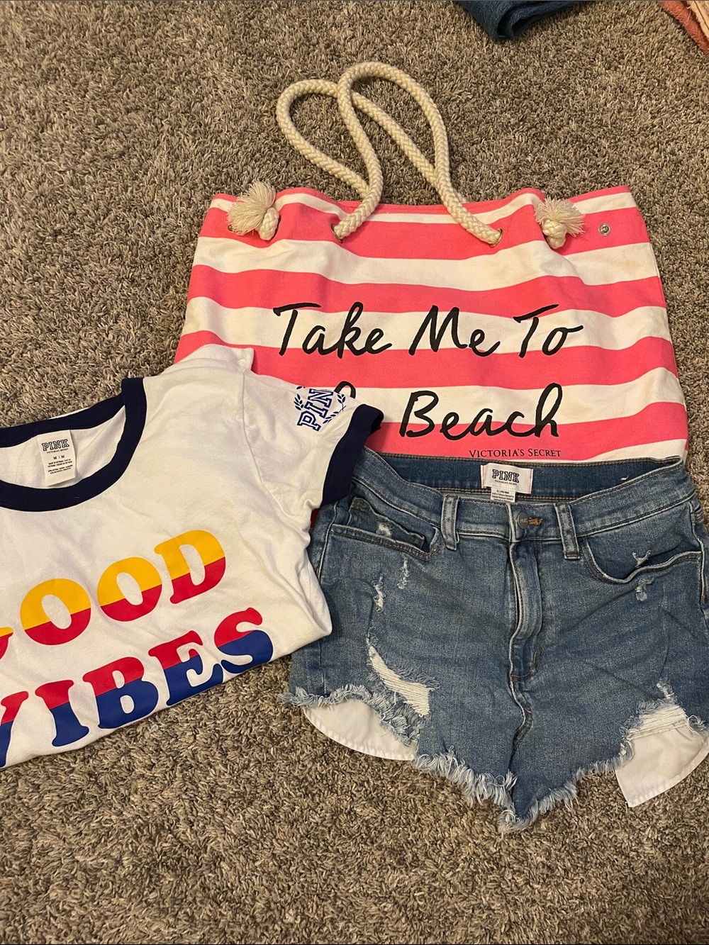 Victoria's Secret Pink Girls' White 'Good Vibes' Ringer Tee - bag, shorts bundle